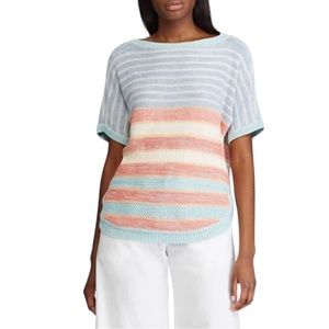 CHAPS Pink Blue Short Dolman Sleeve Stripe Crewneck Pullover Knit Sweater Medium
